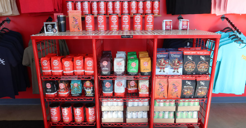 Display of coffee at Fire Dept. Coffee's retail location.