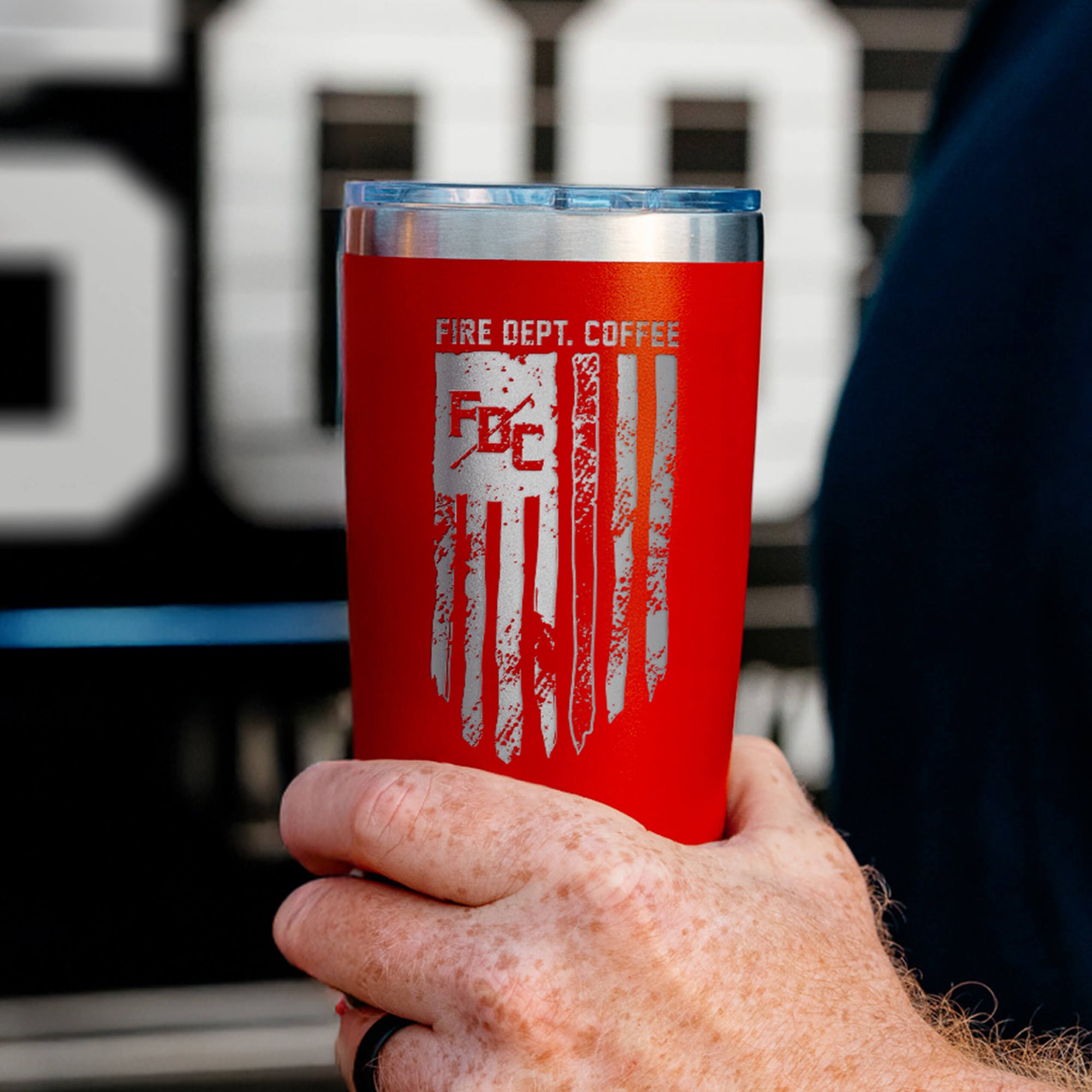 The front of the Thin Red Line Tumbler