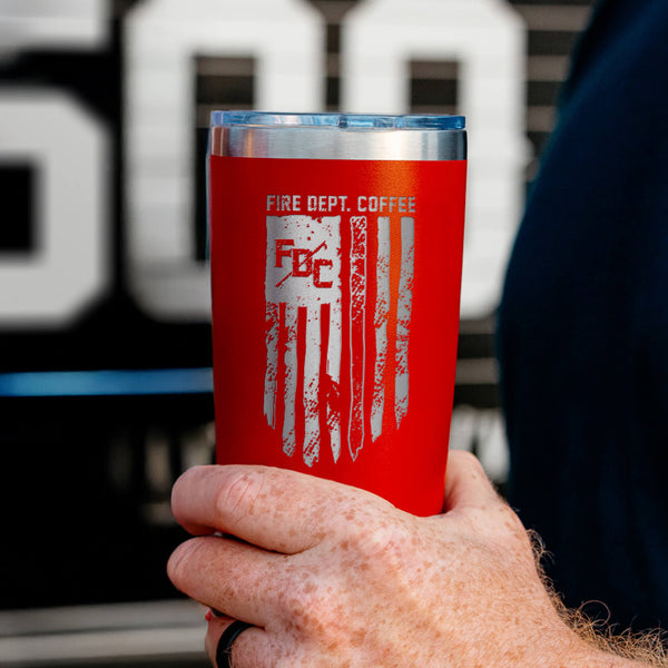 The front of the Thin Red Line Tumbler