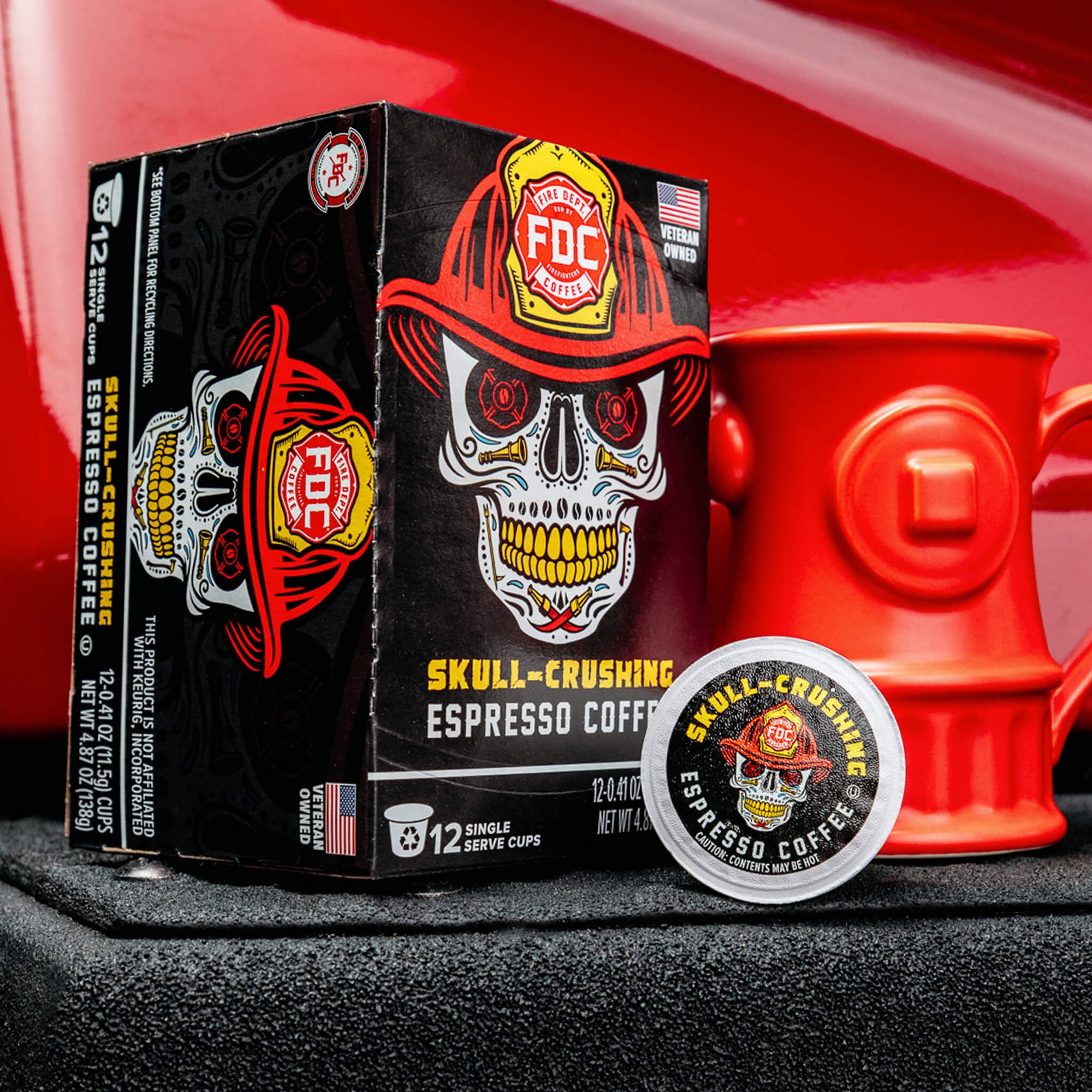 An image of the front of a box of Skull-Crushing Espresso Coffee Pods.