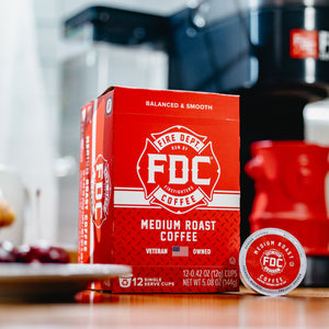 A box of 12 of Fire Department Coffee's Medium Roast Coffee Pods