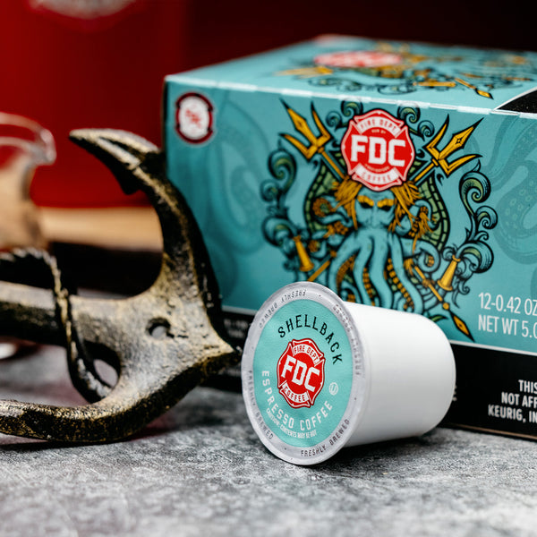 A 12 count box of Fire Department Coffee's Shellback Espresso Coffee Pods