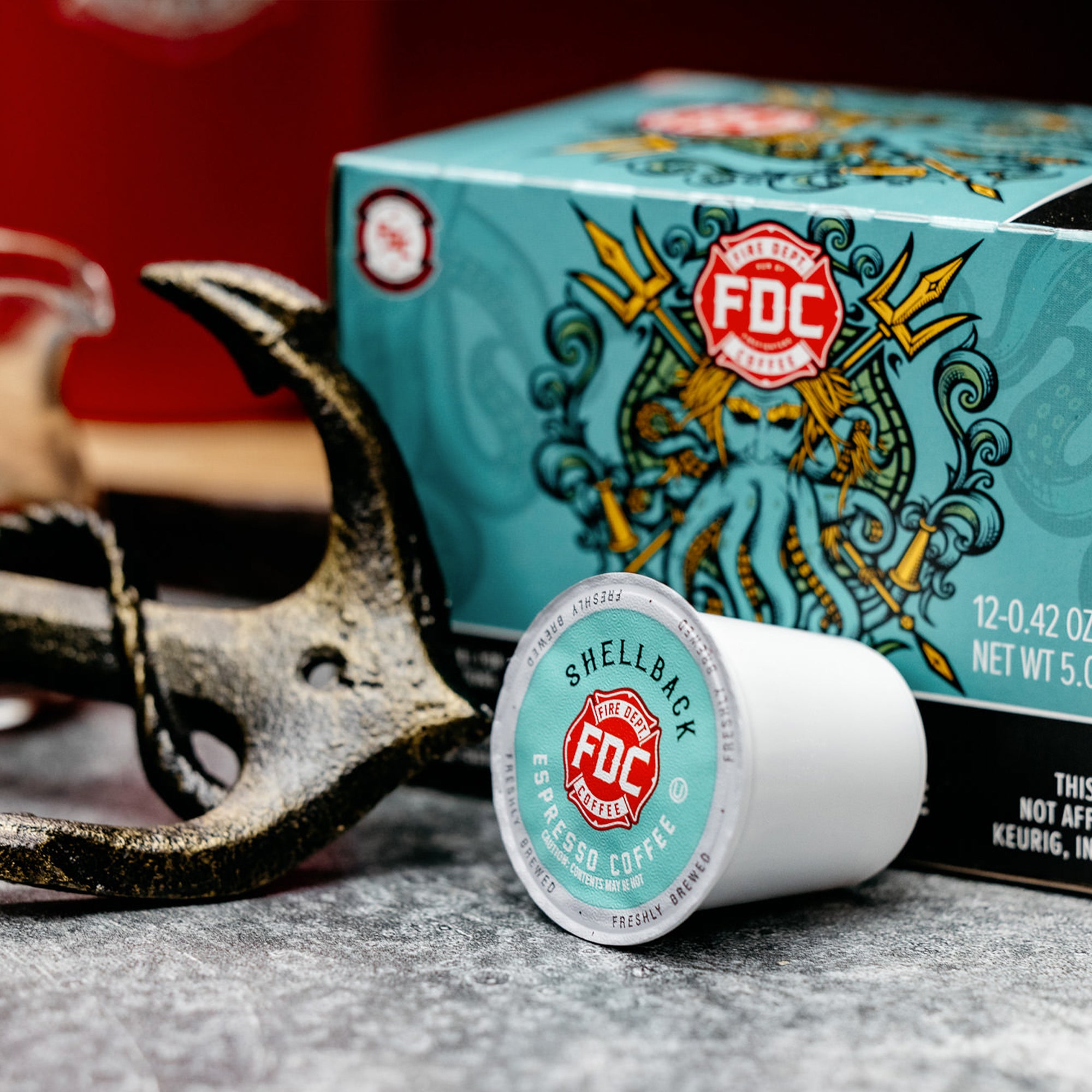 A 12 count box of Fire Department Coffee's Shellback Espresso Coffee Pods
